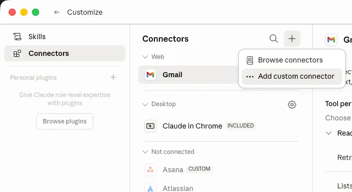 Claude Connectors panel showing the Add custom connector option