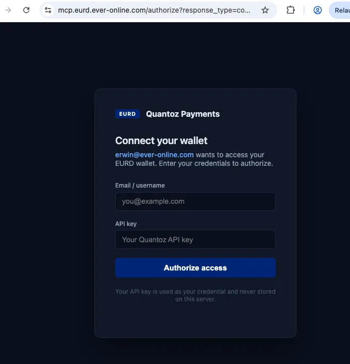 Connect your wallet authorization page asking for email and API key