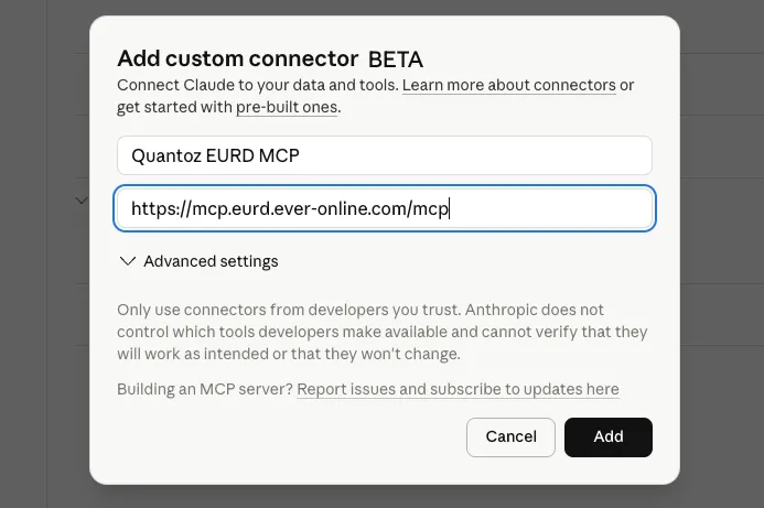 Add custom connector dialog with Quantoz EURD MCP name and URL filled in